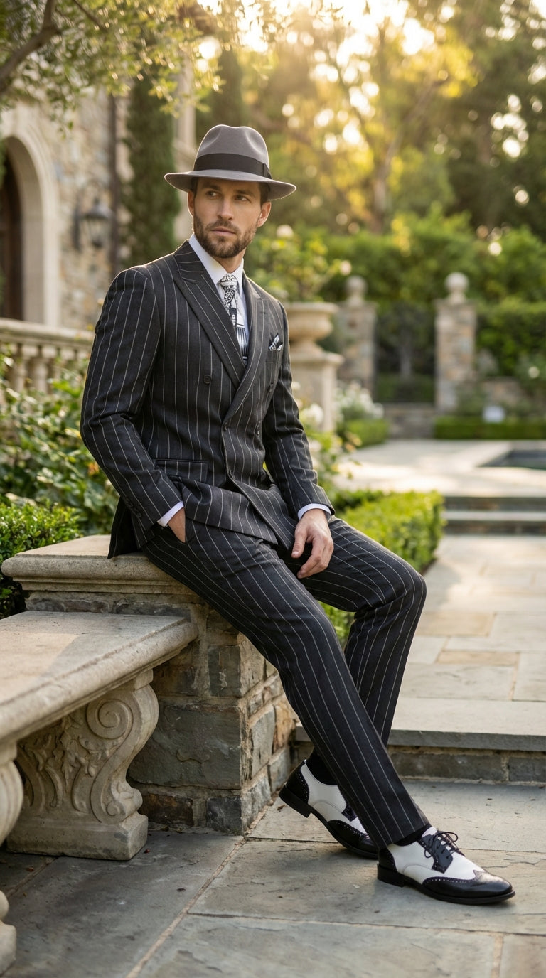 Mens Black Pinstripe AI Capone Suit – Vintage 1920s Gangster Style Three Piece Formal Suit