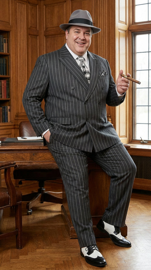 Mens Black Pinstripe AI Capone Suit – Vintage 1920s Gangster Style Three Piece Formal Suit