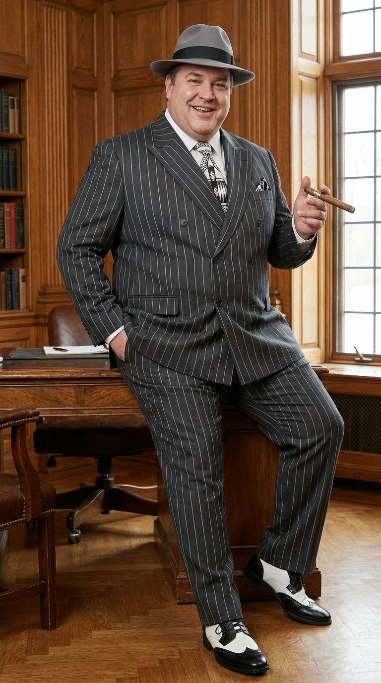 Mens Black Pinstripe AI Capone Suit – Vintage 1920s Gangster Style Three Piece Formal Suit