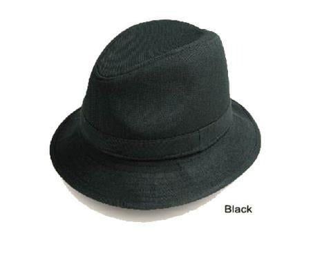 1930s fedora in textured black fabric. Rounded crown with elevated top, wide flat brim tapering down. Solid band at base. Classic style.