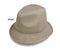 1930s khaki fedora with rounded crown and sloping brim. Woven fabric, matte finish, and a narrow band detail. Classic, structured design.