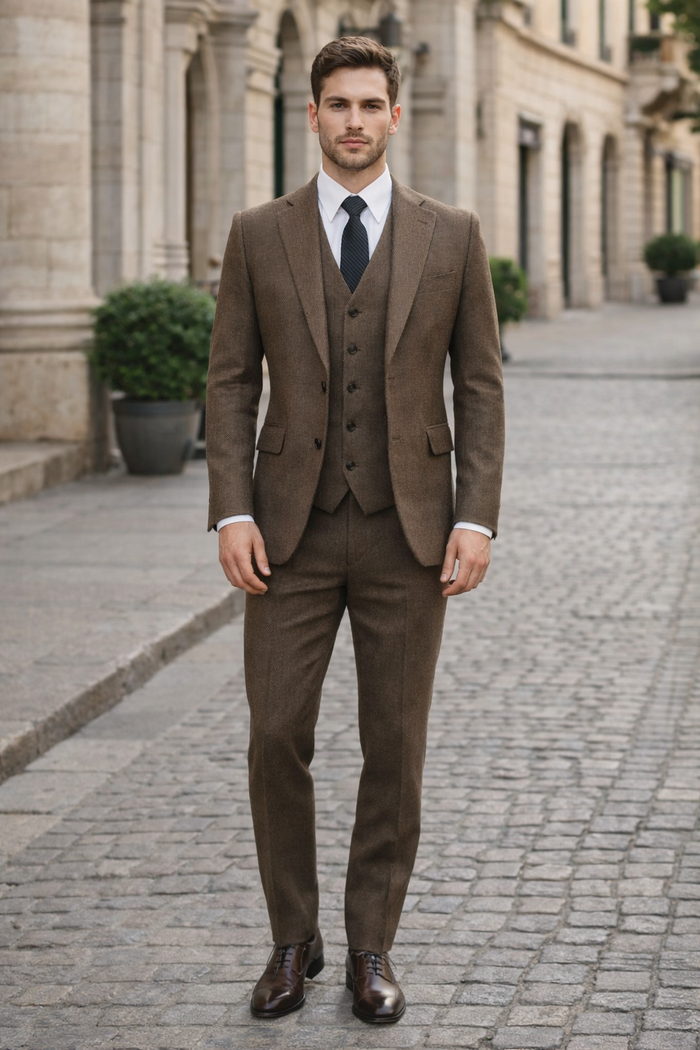 1930s Fashion Tweed ~ Herringbone Pattern  - Modern Fit Suit -  1930s Tuxedo - Brown Suit