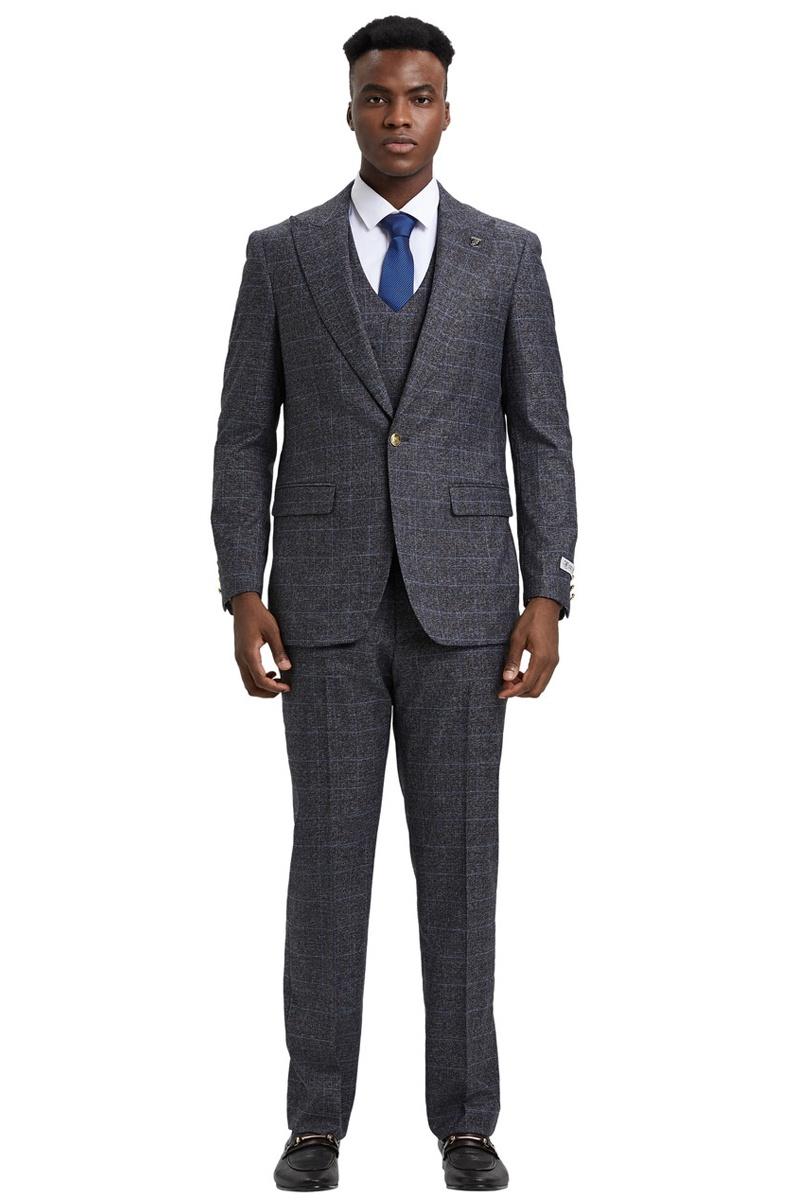 Stacy Adams men's suit: charcoal grey windowpane plaid. Peak lapel jacket with structured shoulders, matching trousers, and double-breasted vest. Textured fabric for a coordinated, tailored look.
