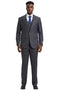 Stacy Adams men's suit: charcoal grey windowpane plaid. Peak lapel jacket with structured shoulders, matching trousers, and double-breasted vest. Textured fabric for a coordinated, tailored look.
