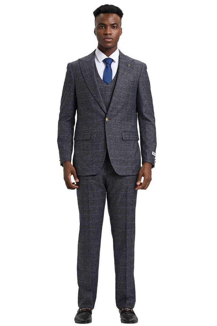 Stacy Adams men's suit: charcoal grey windowpane plaid. Peak lapel jacket with structured shoulders, matching trousers, and double-breasted vest. Textured fabric for a coordinated, tailored look.
