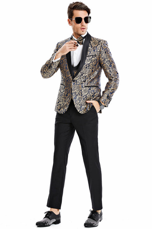 "Men's Navy  & Gold Paisley Shawl Tuxedo - One Button Vested Prom 2025 & Wedding Suit"