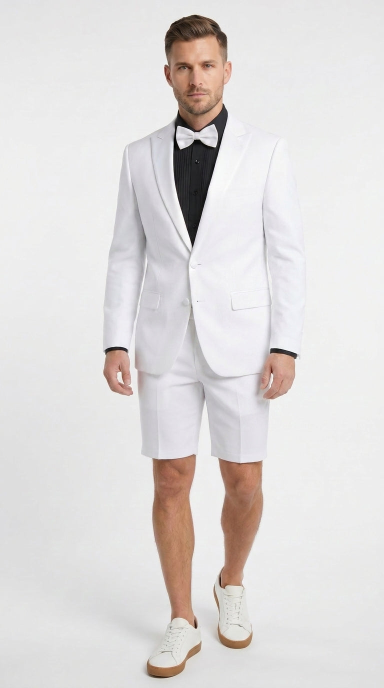 Men’s White Tuxedo Suit with Shorts – Modern Formal Blazer and Short Pants Set for Wedding, Prom Summer Fabric