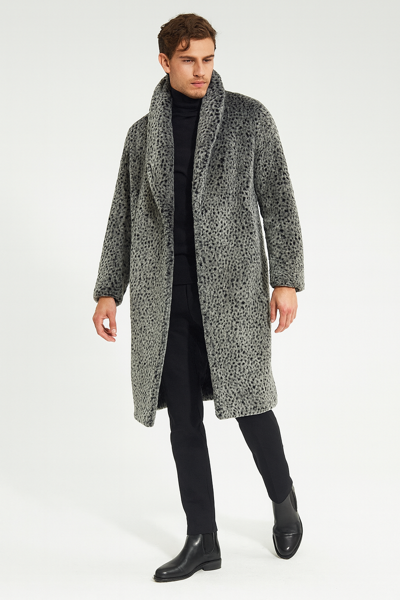 Men's luxury grey faux fur coat. Animal print design, open front, shawl collar, long sleeves, relaxed fit. Primarily grey with darker spots.
