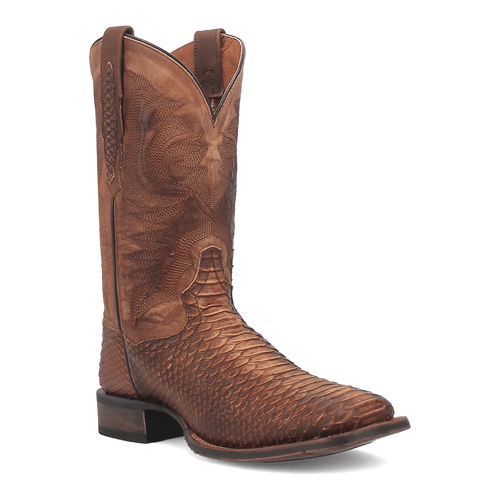 Dan Post men's boots in brown, featuring a square toe and python print leather upper. Includes pointed vamp, decorative stitching, and a leather sole with stacked heel.
