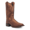 Dan Post men's boots in brown, featuring a square toe and python print leather upper. Includes pointed vamp, decorative stitching, and a leather sole with stacked heel.
