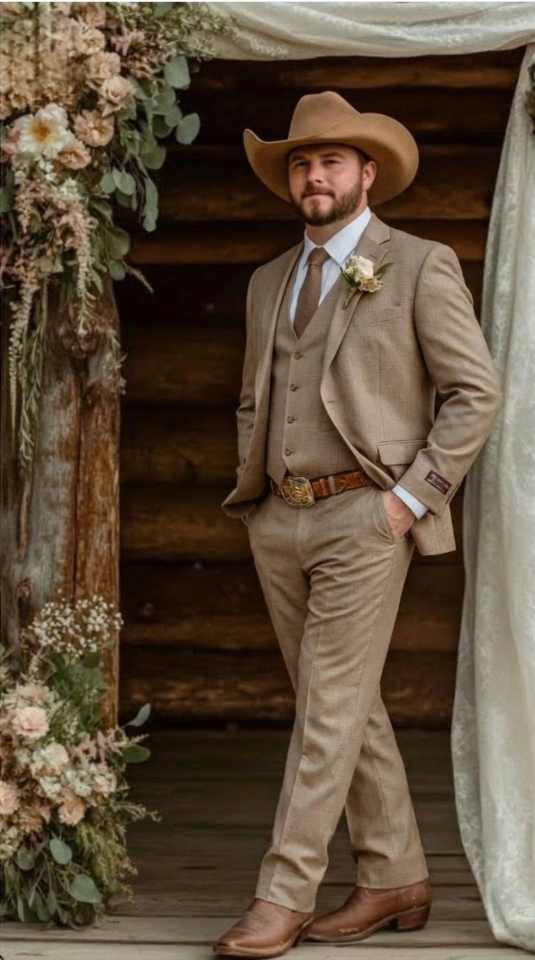 Mens Sharkskin Dark Taupe Tan with sheen Western 3 Piece Suit – Classic Country Style Blazer Vest Pants Set, Formal Cowboy Suit Outfit