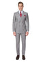 Men's light grey double-breasted suit: structured blazer with notched collar, matching flat-front trousers. Smooth, woven fabric, breast pocket with handkerchief. Modern, polished, formal attire.
