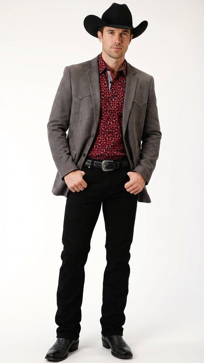 Men's brown western faux suede blazer by Alberto Nardoni features a structured form with a notched lapel and two front pockets. The blazer has a smooth, matte finish and tailored seams, enhancing its western style.