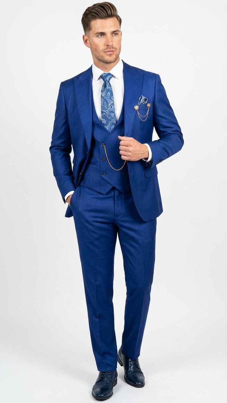 Royal blue three-piece men's suit: fitted jacket, trousers, and vest with subtle button closure. Smooth, slightly sheened fabric. Includes a blue patterned tie.
