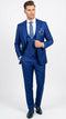 Royal blue three-piece men's suit: fitted jacket, trousers, and vest with subtle button closure. Smooth, slightly sheened fabric. Includes a blue patterned tie.
