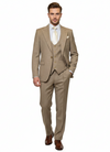 Men’s Beige Pinstripe Three-Piece Suit – Classic Fit Formal Suit with Vest and Flat-Front Pants in Tan Stripe By Rossiman
