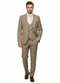Men's beige pinstripe three-piece suit: fitted blazer with notch lapels, matching trousers, and a vest. Subtle vertical stripes. White shirt, light-colored tie complete the look.
