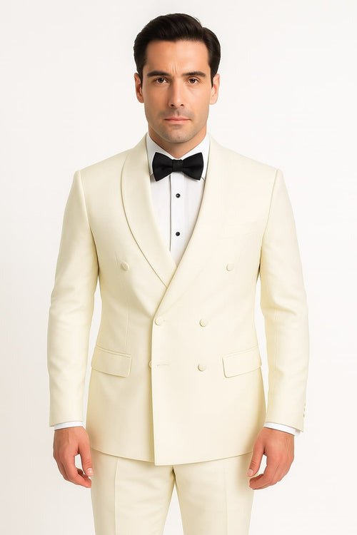 Off-white men's double-breasted tuxedo jacket with shawl lapel. Features six front buttons and two pockets. Smooth, light, creamy fabric.
