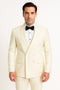 Off-white men's double-breasted tuxedo jacket with shawl lapel. Features six front buttons and two pockets. Smooth, light, creamy fabric.
