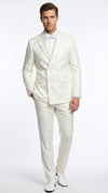 Men’s Ivory Double Breasted Tuxedo Dinner Jacket – Textured Blazer Paisley Texture Pattern in Off White Cream Color + Bowtie