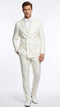 Ivory double-breasted tuxedo jacket with shawl collar, subtle embossed pattern. Includes matching trousers. Features two pockets. Styled with white shirt and bow tie.
