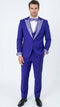 Men's purple tuxedo suit with tailored fit, silver lapel, and white shirt. Cuffs and bow tie boast a matching decorative pattern.
