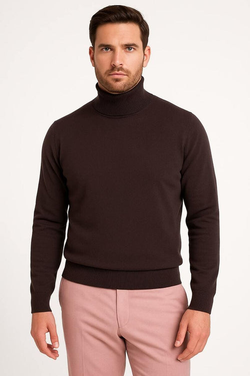 Men's Brown Turtleneck Sweater – Classic Slim Fits Knit Pullover for Fall and Winter