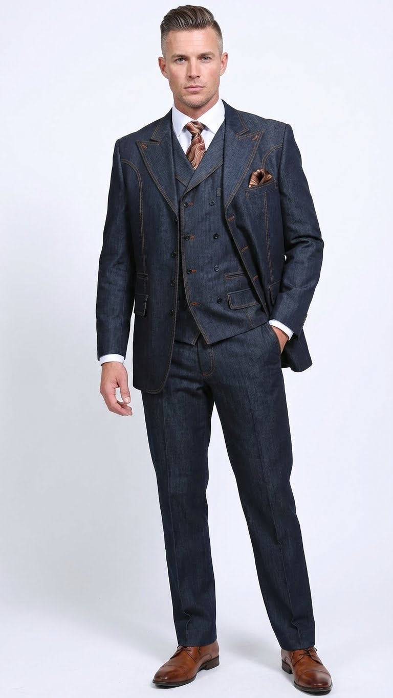 Mens Dark Denim Blue Fabric Suit Classic Three Piece Denim Suit for Wedding, Party and Formal Events