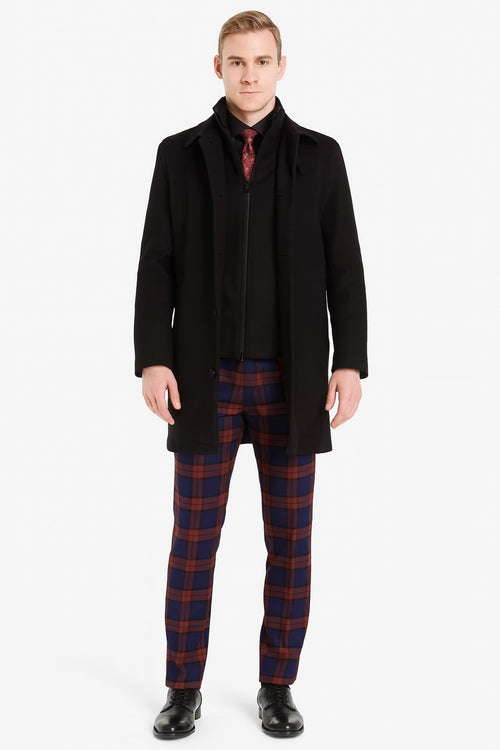 Men's black wool overcoat. Classic single-breasted design with a tailored fit, buttoned front, and structured collar. Smooth wool fabric.
