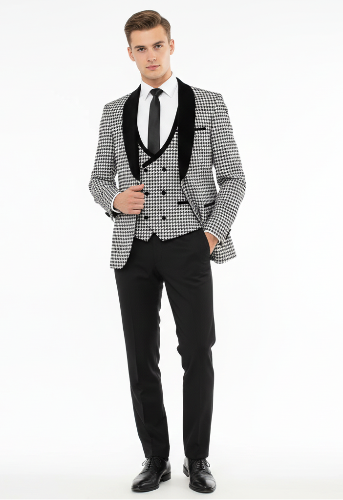 Men's houndstooth tuxedo. Black & white double-breasted jacket with velvet lapel & black trousers. Sharp contrast, patterned jacket, classic fit.
