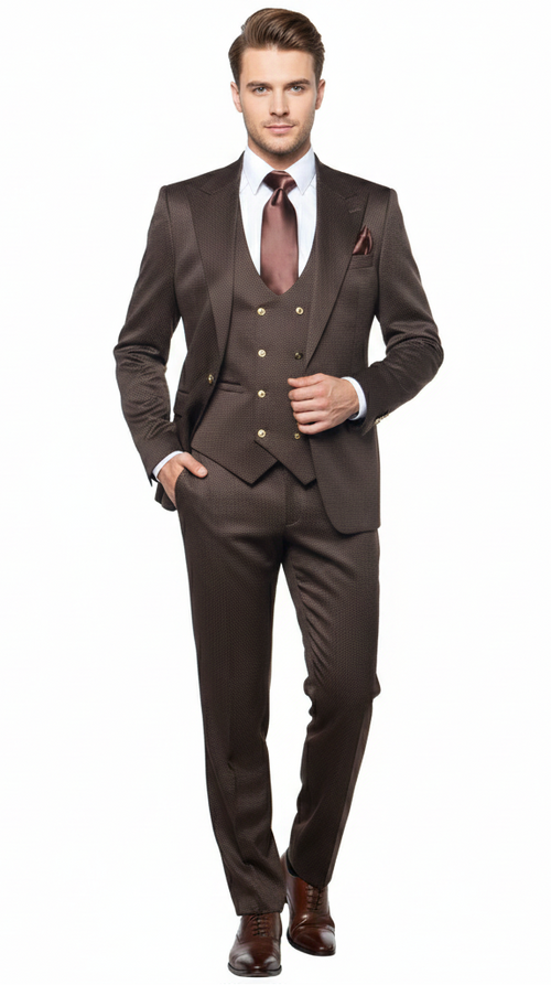 Menâ€™s Chocolate Brown Textured 3-Piece Suit â€“ Luxury Double-Breasted Vest Formal Set