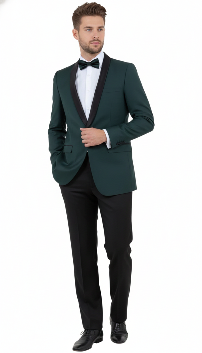Alberto Nardoni men's green tuxedo. Fitted green jacket with black satin shawl collar and single-button closure, plus a pocket. Paired with black trousers. Deep green color, smooth texture.
