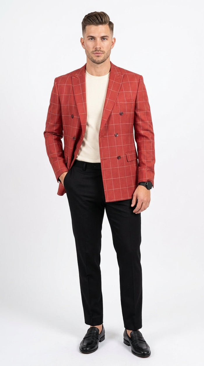 Men's Red Windowpane Plaid Double Breasted Suit – Modern Fit 2 Piece