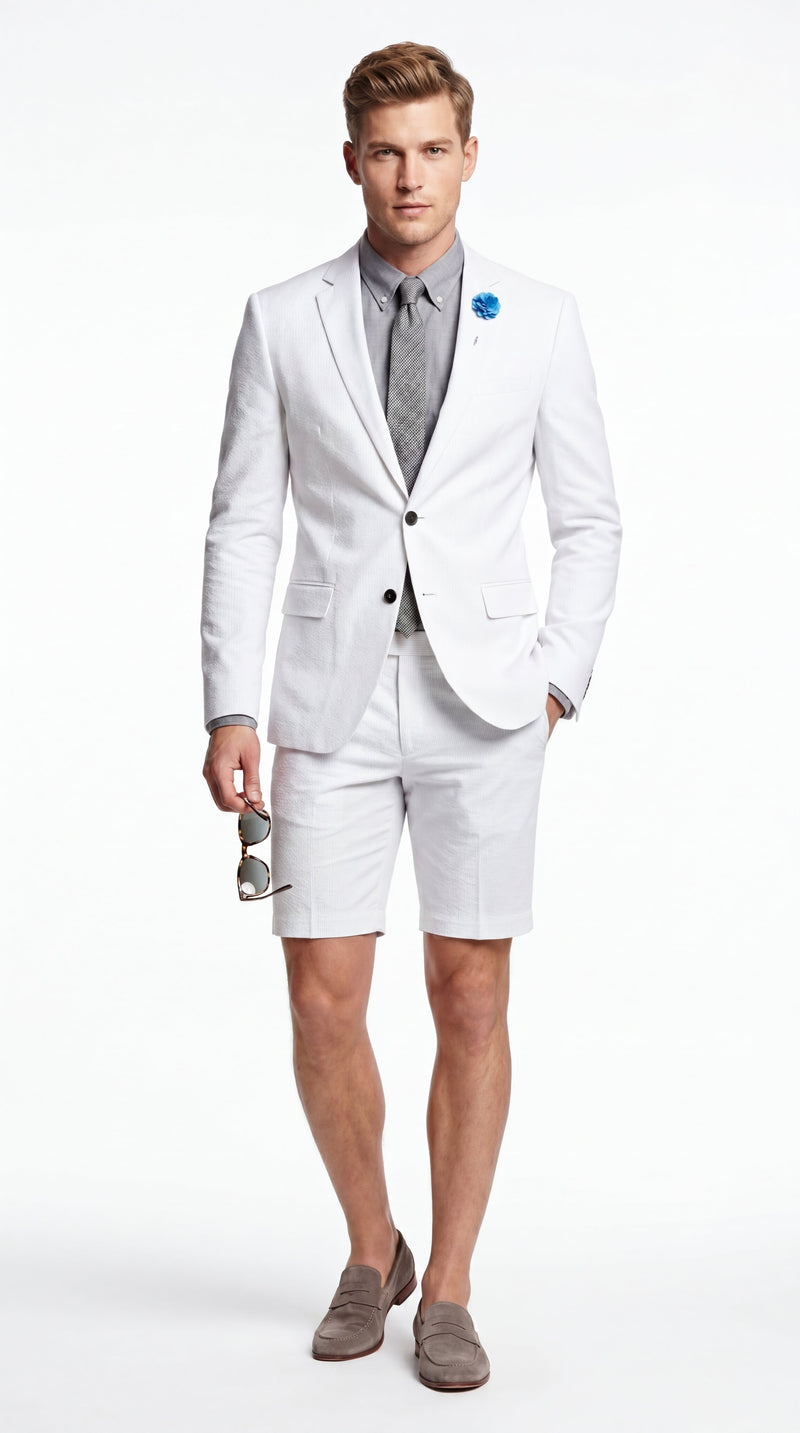 Men’s Cotton Fabric White 2 Piece Summer Suit with Shorts, Casual Beach Wedding and Resort Formal Outfit