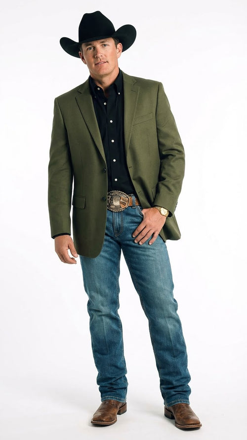 Mens Olive Green Western Blazer Jacket, Classic Cowboy Style Sport Coat for Casual Formal Wear with Jeans