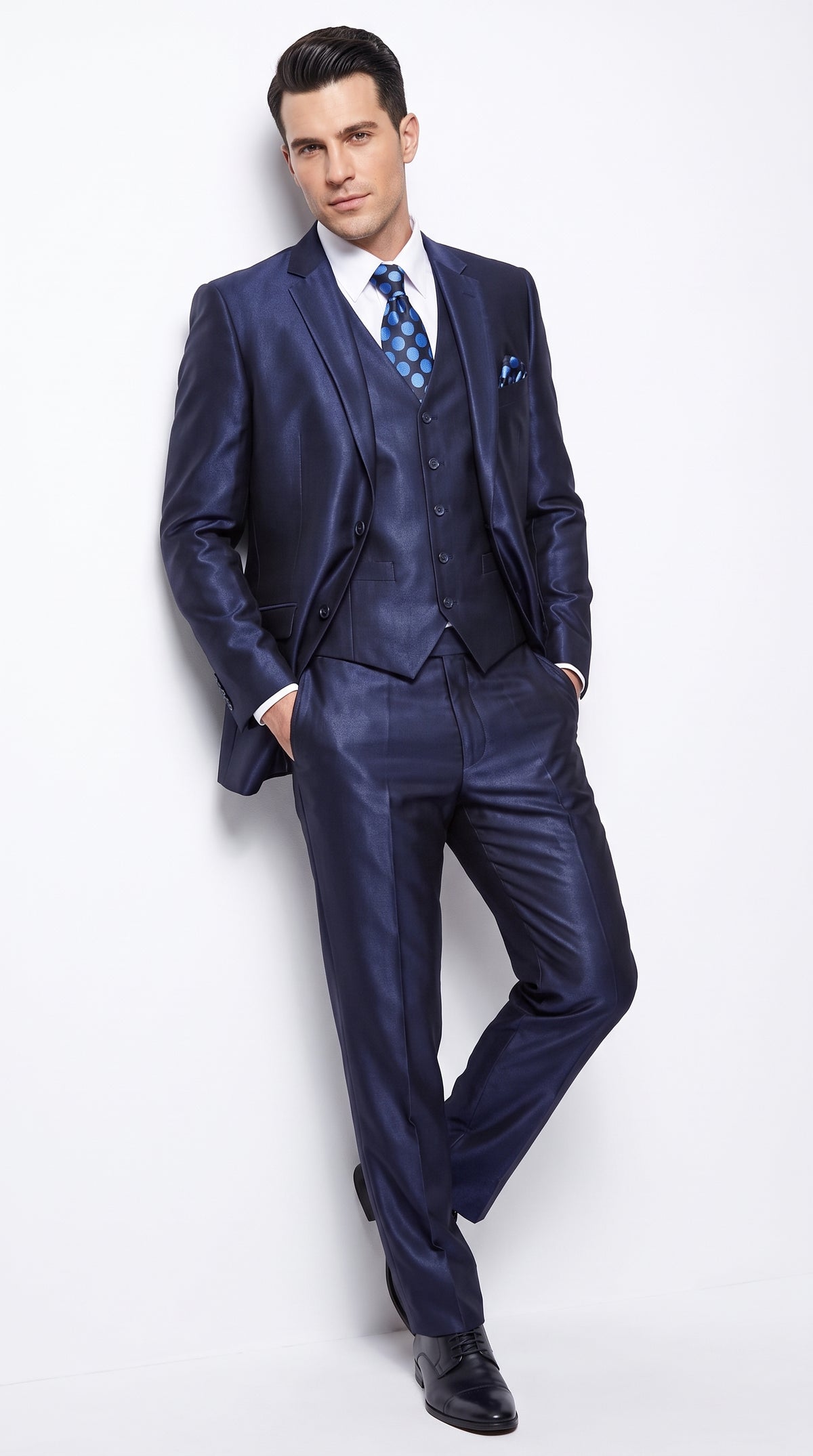 Men's Shiny Navy Blue Sateen 3-Piece Suit – Elegant Wedding, Prom Dress Suit with Matching Vest and Pants Slim Fitted