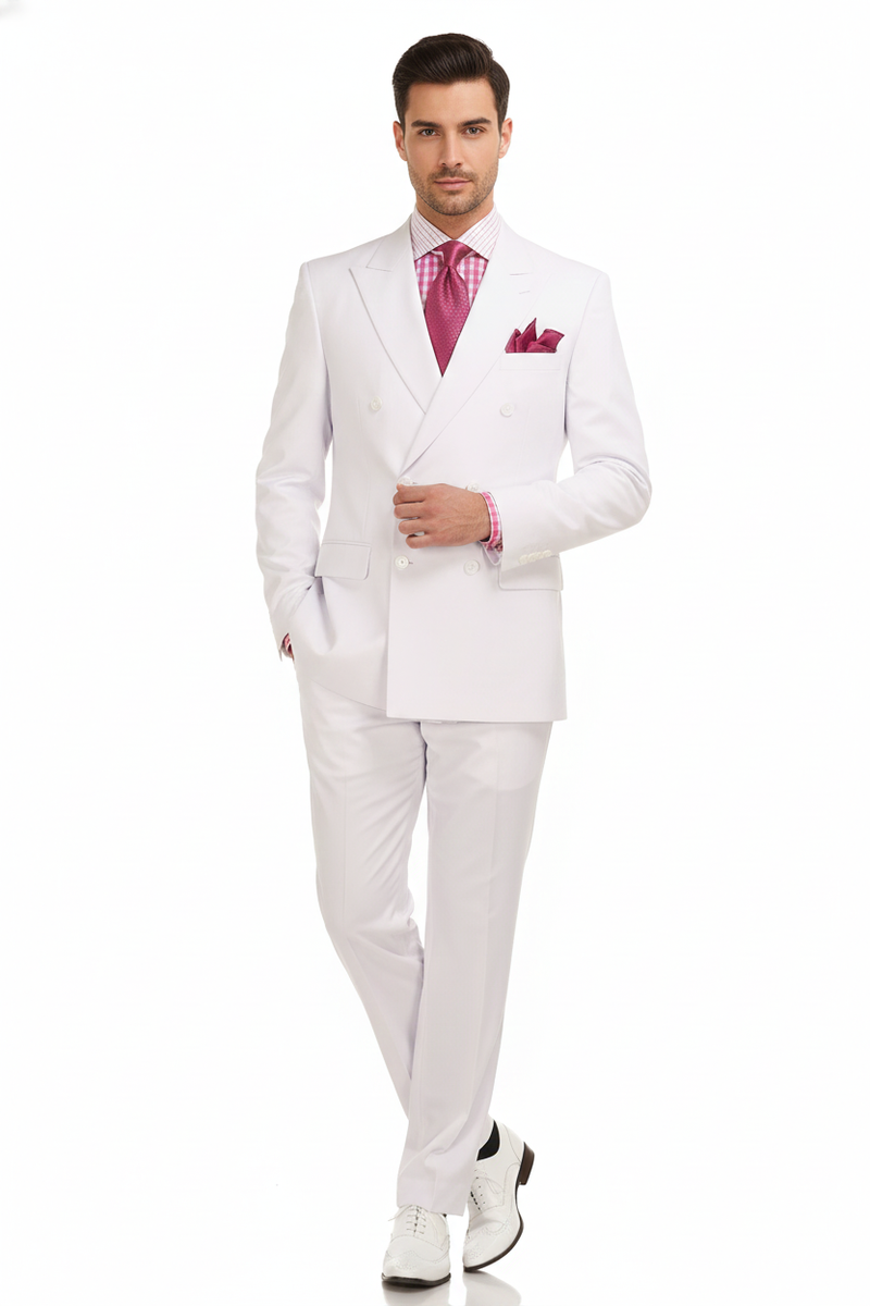 Men's white 3-piece suit: double-breasted jacket, matching trousers, and vest. Formal design with a structured fit, peaked lapels, and smooth, lightweight fabric. Perfect for formal occasions.