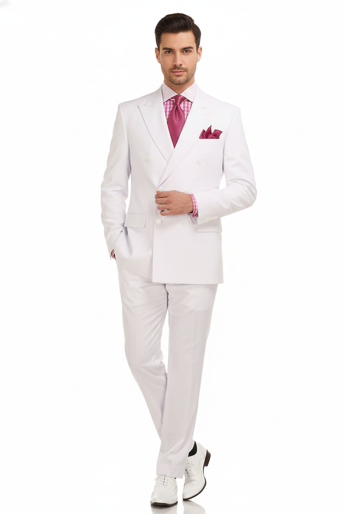 Men's white 3-piece suit: double-breasted jacket, matching trousers, and vest. Formal design with a structured fit, peaked lapels, and smooth, lightweight fabric. Perfect for formal occasions.