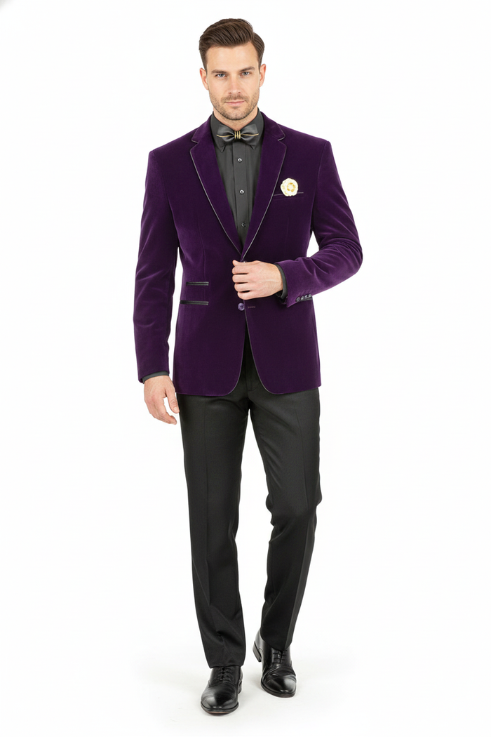 Alberto Nardoni men's purple velvet blazer. Fitted, single-button closure, notched lapels. Plush texture, rich purple with black piping. Includes chest pocket, decorative pin, and buttoned cuffs. Tailored style.
