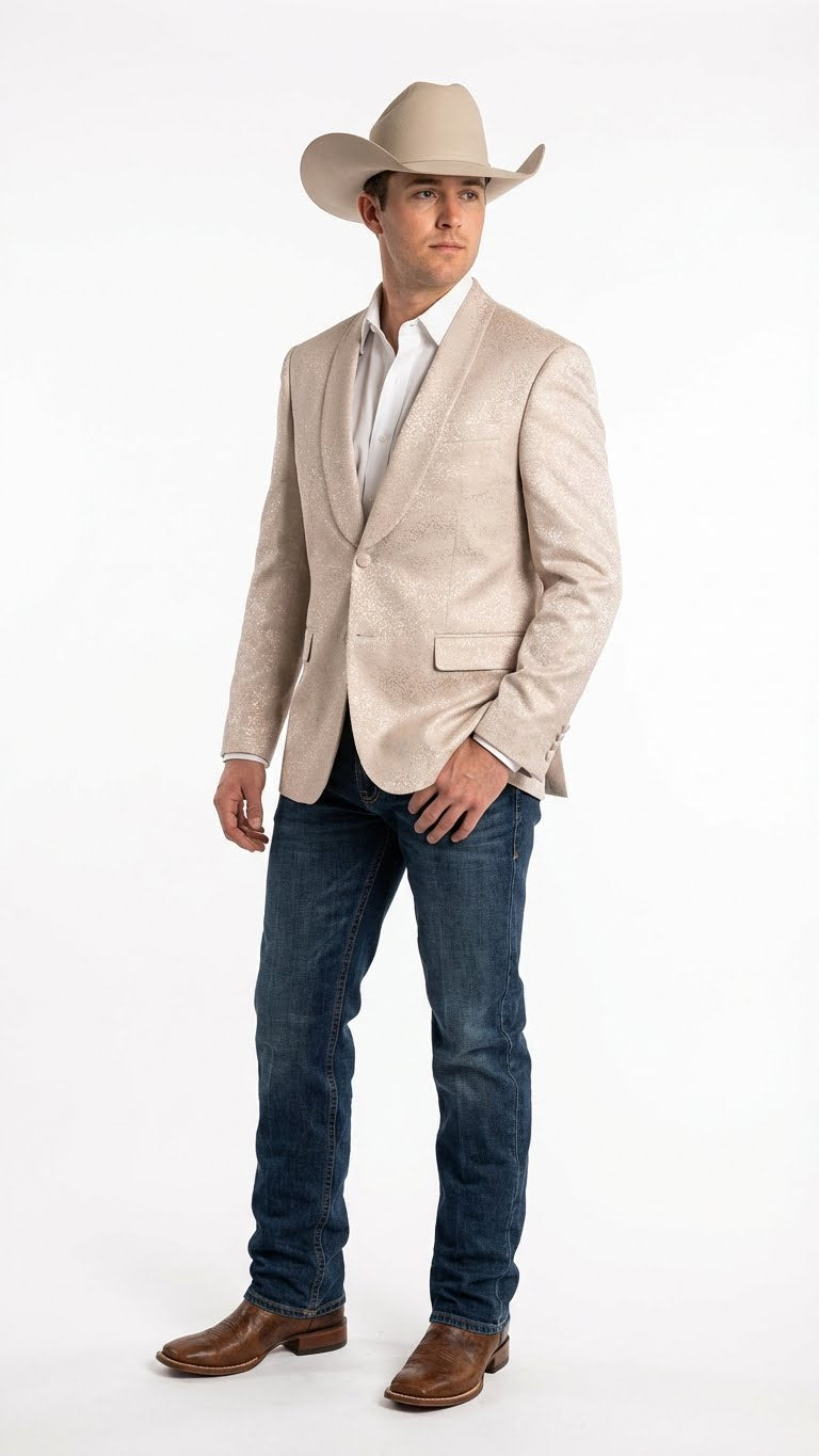 Menâ€™s Tan Khaki Beige Cream Champaign Paisley Western Blazer Jacket, Embossed Dress Sport Coat for Wedding Party Rodeo Style