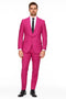 Men's hot pink tuxedo. Shawl lapel, fitted jacket with side pockets. Tapered leg pants. Perfect for a bold, stylish evening.
