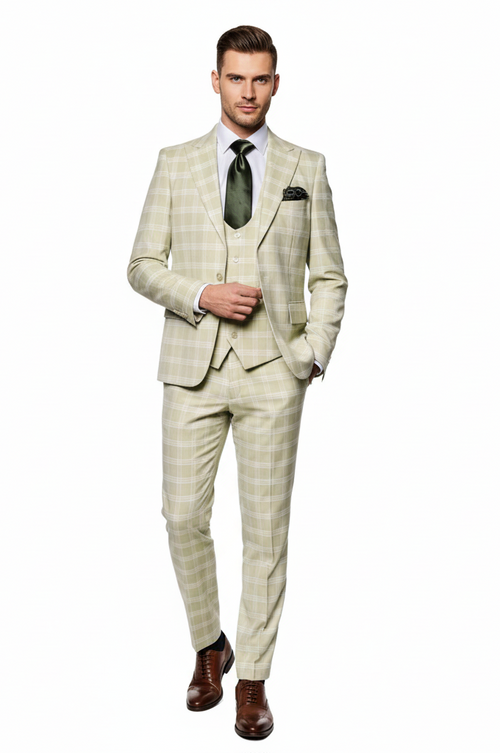 Light beige Alberto Nardoni 3-piece suit for men: fitted blazer, vest, and trousers. Lightweight fabric, grid check pattern, single-breasted, notch lapel, slim fit trousers. Includes green tie and pocket square.