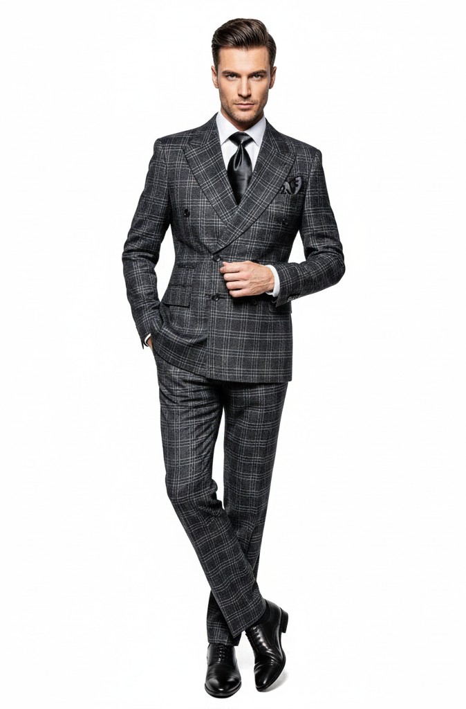 Men's charcoal plaid double-breasted suit: structured, tailored fit, peak lapels. Charcoal grey with lighter grey check. Includes jacket, trousers, white shirt, black tie, pocket square, and black dress shoes. Tapered pants.

