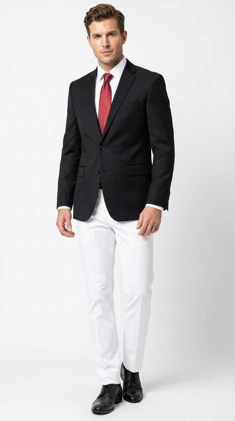 Menâ€™s Solid Black Two Button Suit Jacket Blazer With White Pants | Black Blazer Sport Coat