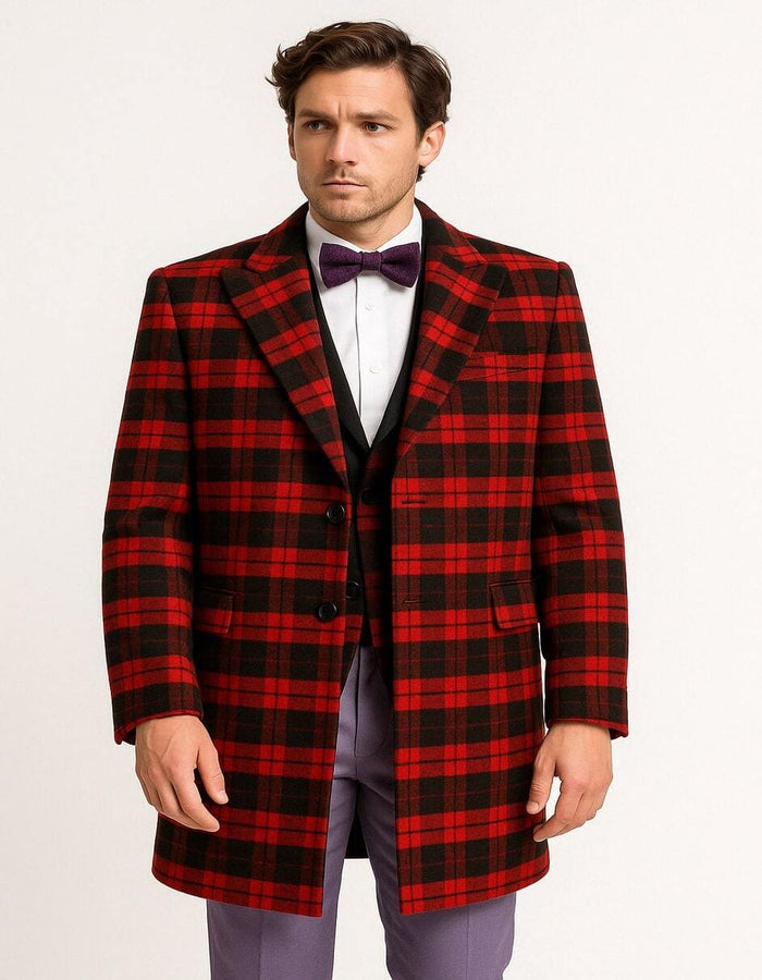 Mens Red and Black Plaid Wool Overcoat - Tartan Texture Fabric Christmas Carcoat