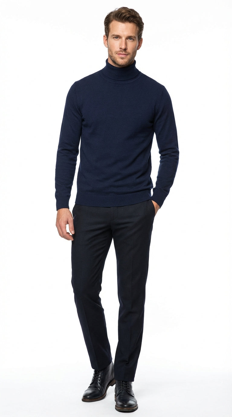 Men's Navy Blue Turtleneck Sweater Pullover | Cotton Blend Long