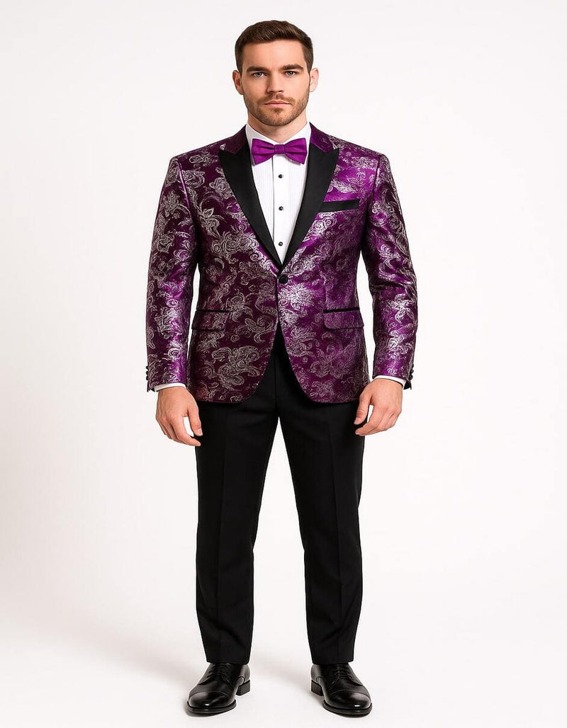 Men's Pinkish ~ Purple Paisley Tuxedo Jacket with Black Satin Lapel â€“ Formal Prom and Wedding Blazer in Meganta Color