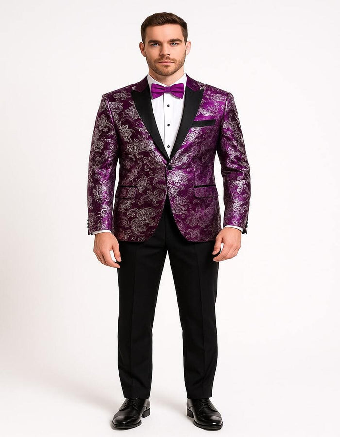 Men's Pinkish ~ Purple Paisley Tuxedo Jacket with Black Satin Lapel â€“ Formal Prom and Wedding Blazer in Meganta Color
