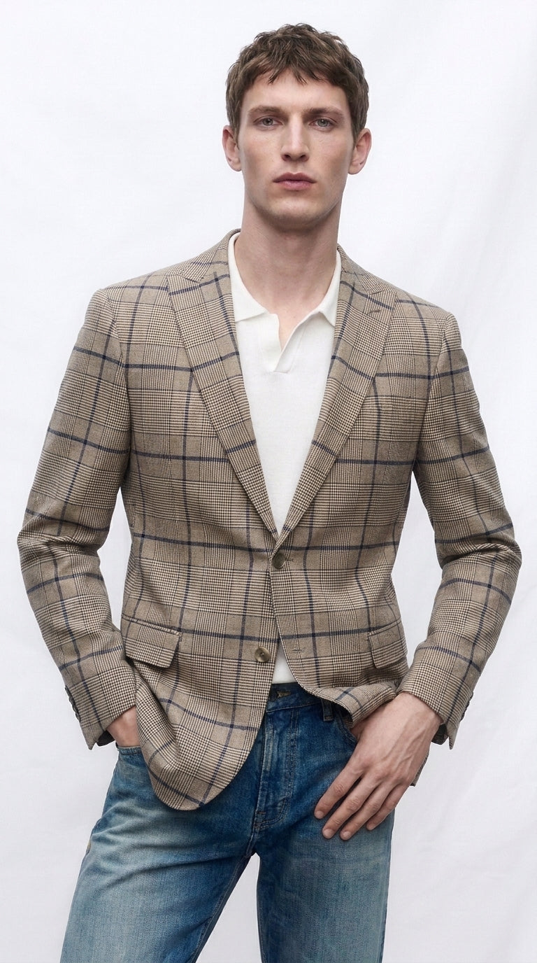 Men’s Tan Beige Peaky Blinders Glen Plaid Blazer English Style Textured ...
