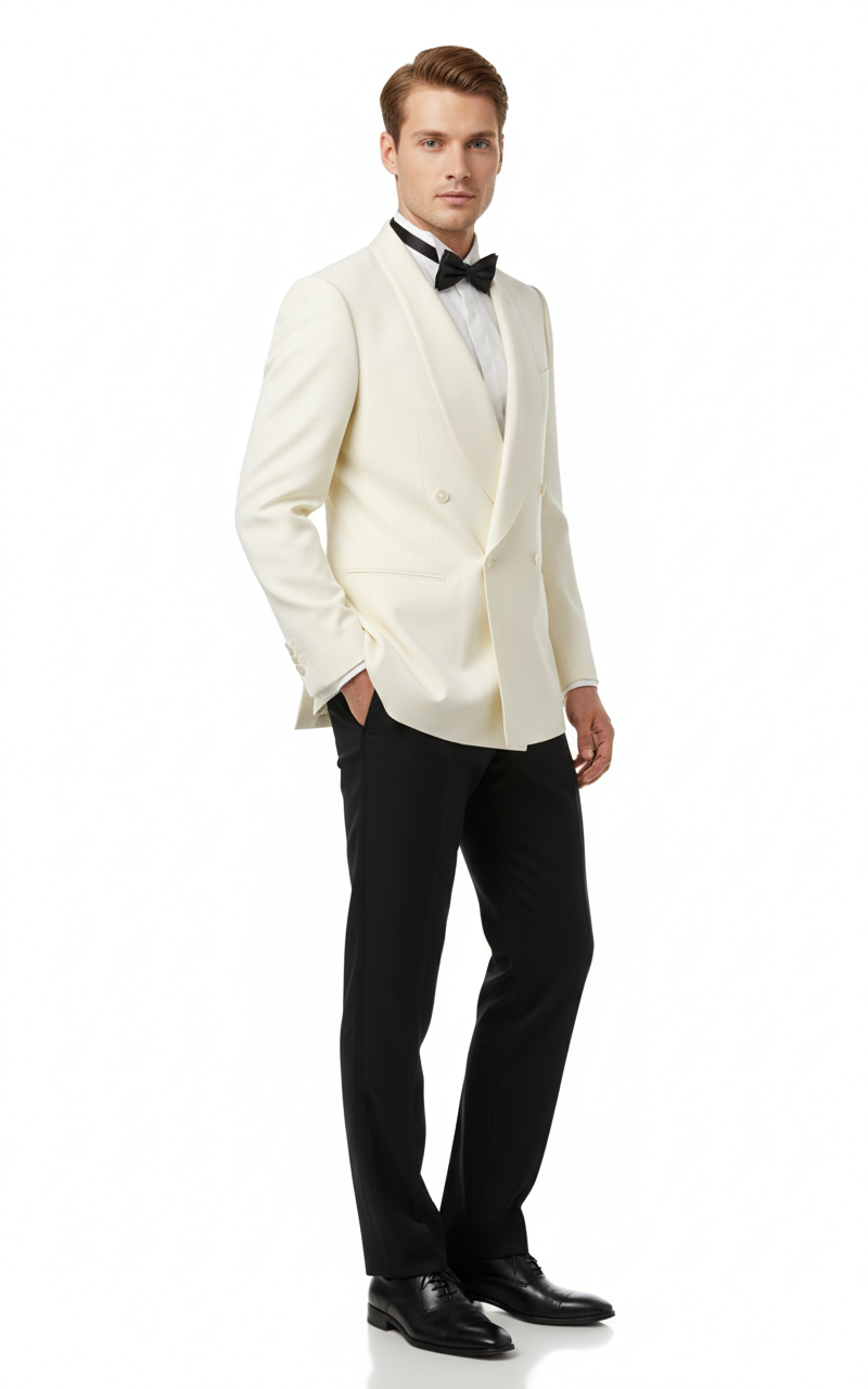 Men's ivory double-breasted tuxedo jacket with shawl lapels, structured shoulders, and a smooth finish. Includes black trousers and a classic black bow tie.
